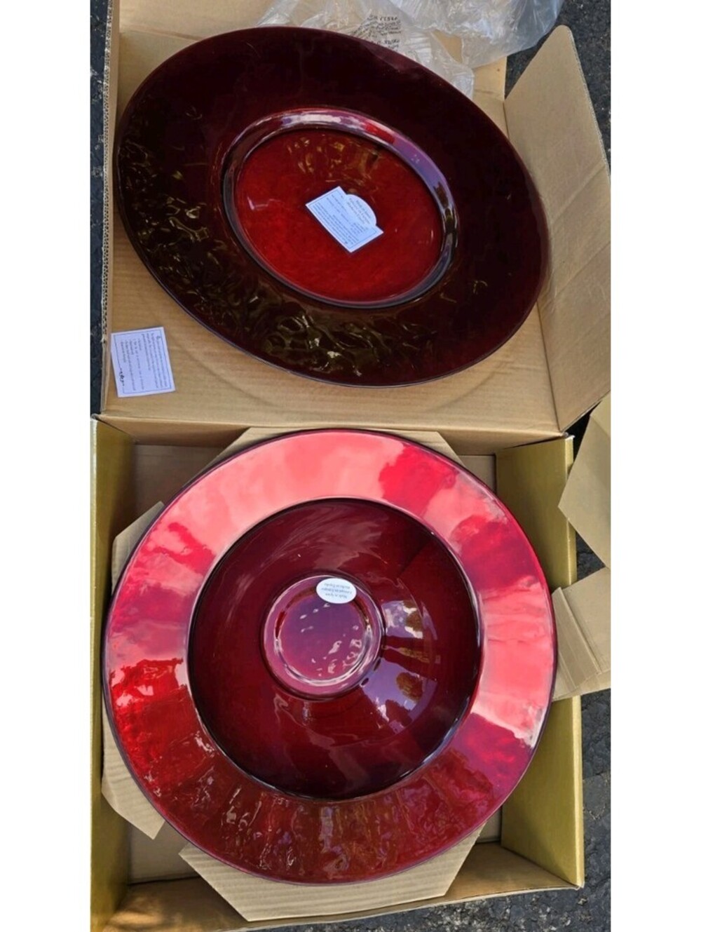 VTG Set Of 2 Huge RED CRANBERRY GLASS Serving Fruit Bowl & Platter 19"Costco